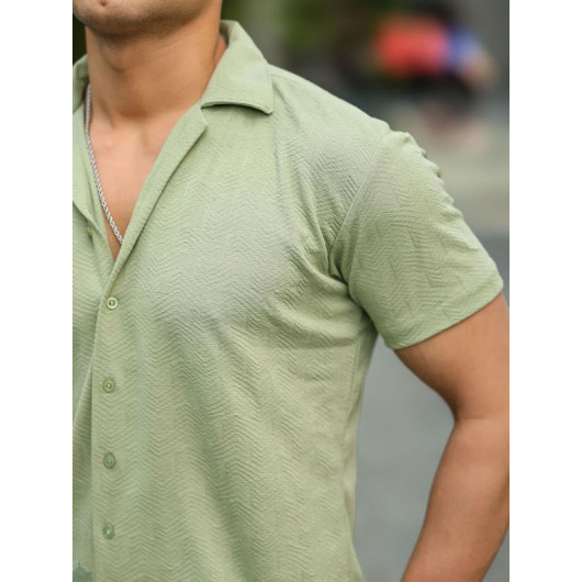 Jacquard Knitted Pattern Short Sleeve Fitted Shirt - Green