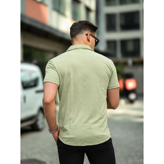 Jacquard Knitted Pattern Short Sleeve Fitted Shirt - Green