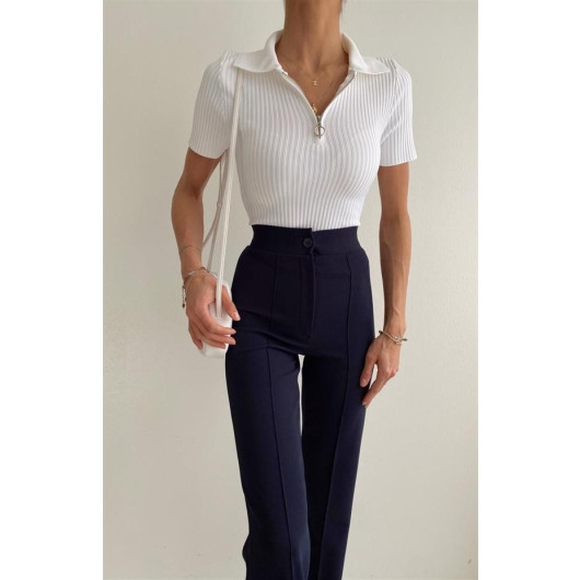 Short Sleeve Zipper Blouse - White
