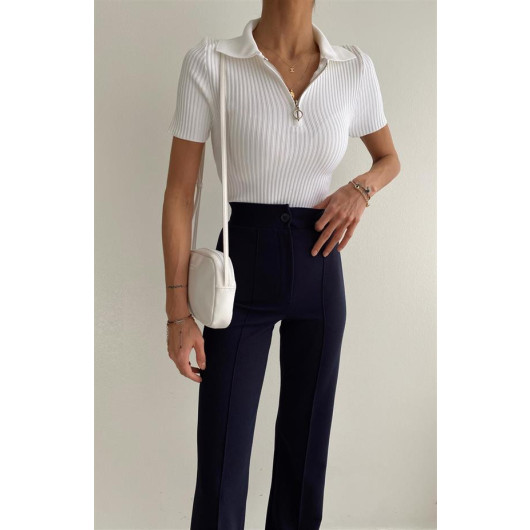 Short Sleeve Zipper Blouse - White