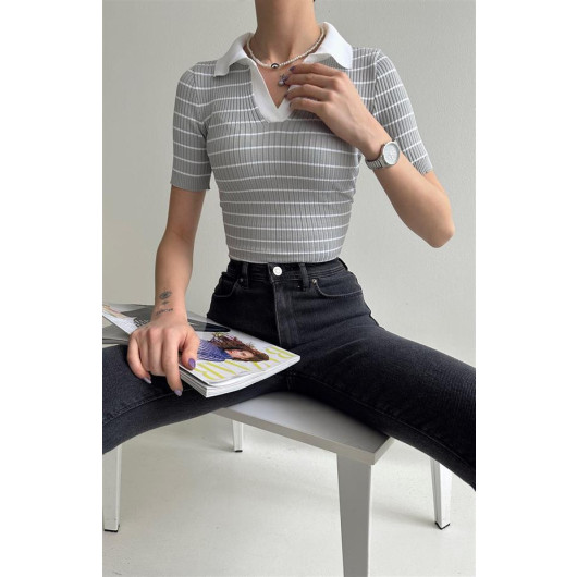 Short Sleeve Knitwear Blouse - Gray