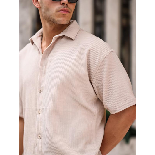 Oversize Ribbed Short Sleeve Shirt - Beige