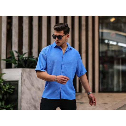 Oversize Ribbed Short Sleeve Shirt - Blue