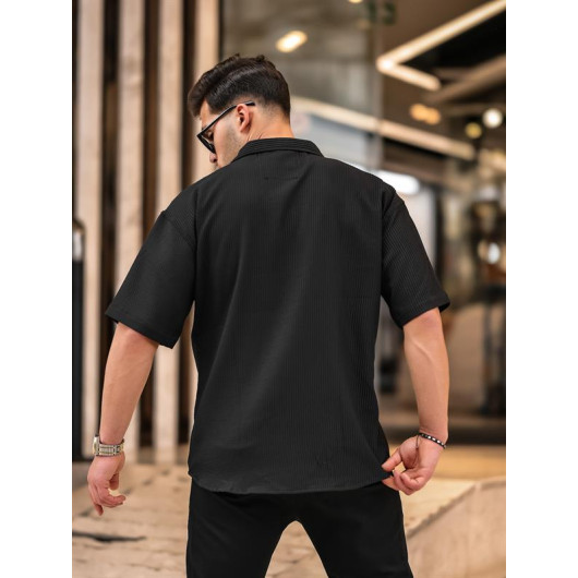 Oversize Ribbed Short Sleeve Shirt - Black