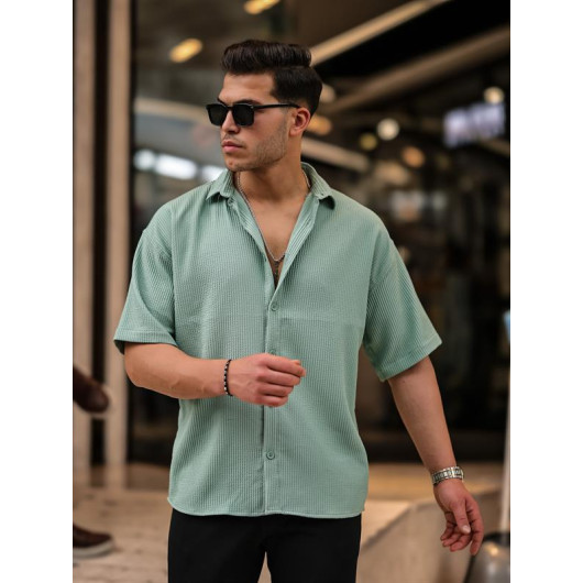 Oversize Ribbed Short Sleeve Shirt - Green