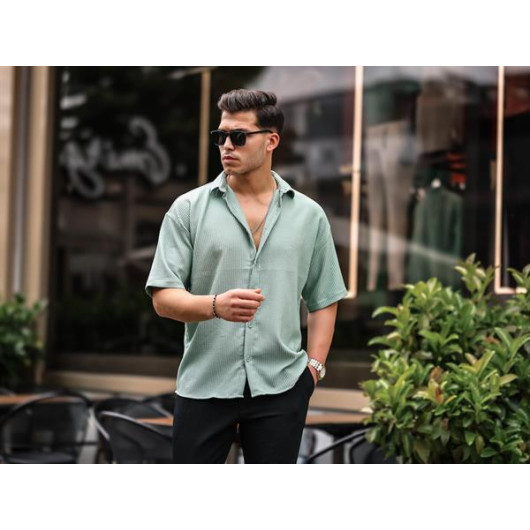 Oversize Ribbed Short Sleeve Shirt - Green