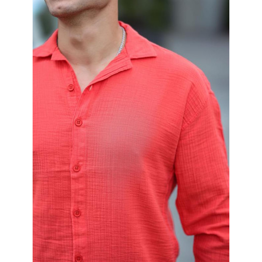 قميص رجالي أحمر كبير الحجم قماش موسلين