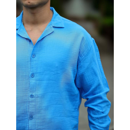 قميص أزرق رجالي قماش موسلين كبير الحجم