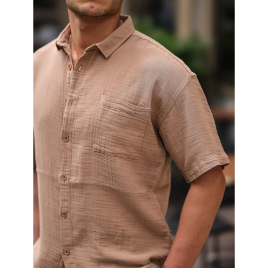 Oversize Muslin Fabric Single Pocket Shirt- Beige