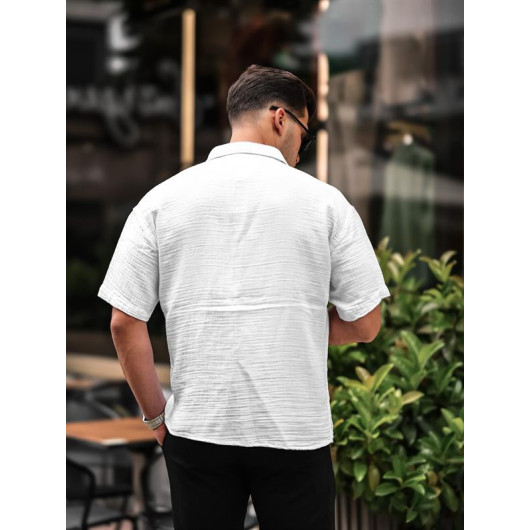 Oversize Muslin Fabric Single Pocket Shirt- White
