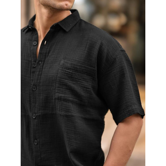قميص رجالي أسود قماش موسلين بجيب مقاس كبير الحجم