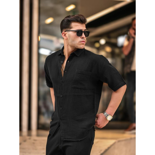 Oversize Muslin Fabric Single Pocket Shirt- Black