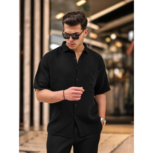Oversize Muslin Fabric Single Pocket Shirt- Black