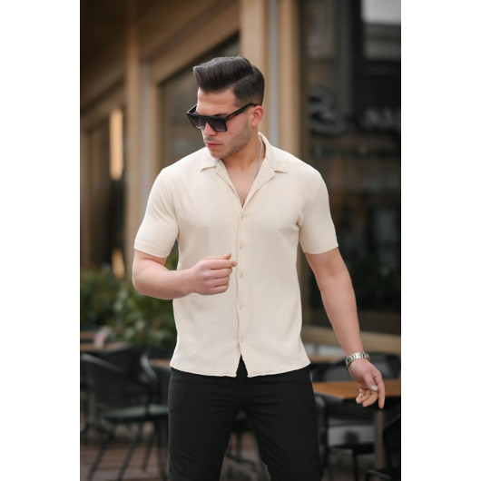 Premium Patterned Short Sleeve Shirt - Beige