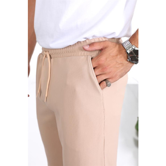Premium Textured Double Leg Fit Trousers - Beige