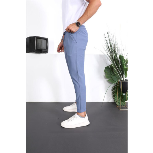 Premium Textured Double Leg Fit Trousers - Blue