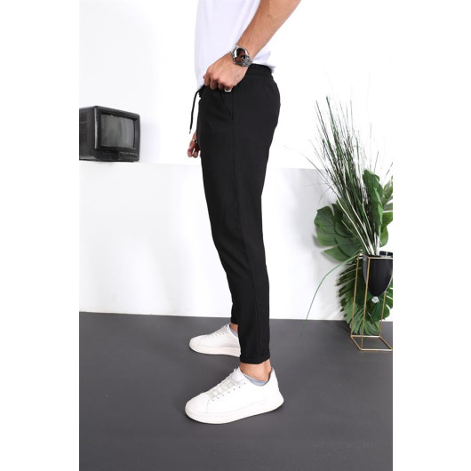 Premium Textured Double Leg Fit Trousers - Black