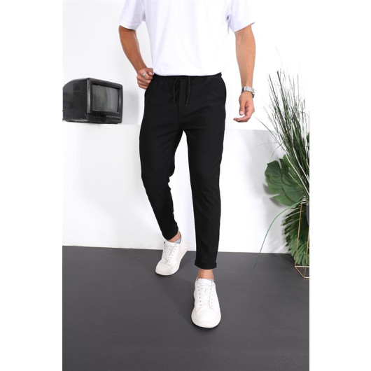 Premium Textured Double Leg Fit Trousers - Black