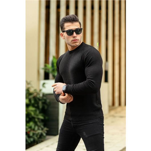 Raglan Sleeve Crew Neck Thin Sweater - Black