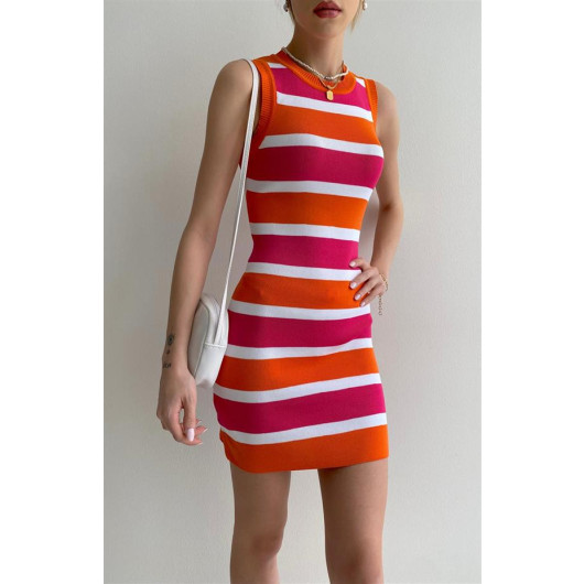 فستان نسائي تريكو مخطط بالوان متنوعة - لون برتقالي