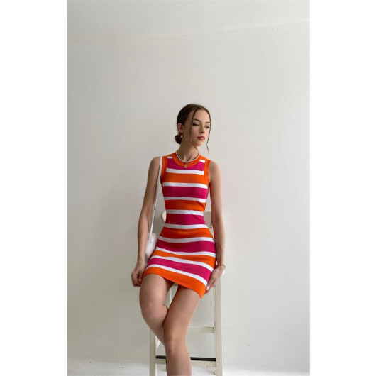 Colorful Knitwear Striped Dress - Orange