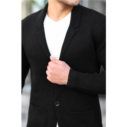 Black Men's Pocket Detailed Knitwear Jacket