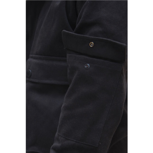 Black Men's Double Pocket Hooded Oversize Gabardine Jacket