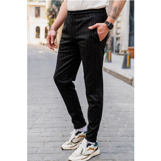 Men's Striped Fit Jogger Waist Trousers Black