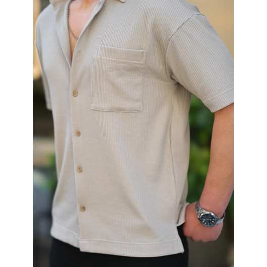 One Pocket Textured Oversize Shirt - Beige