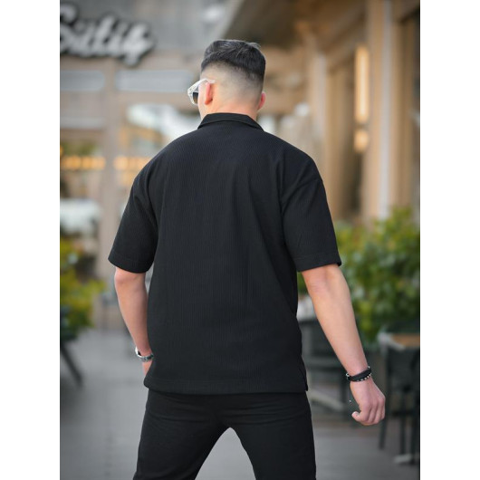 One Pocket Textured Oversize Shirt - Black