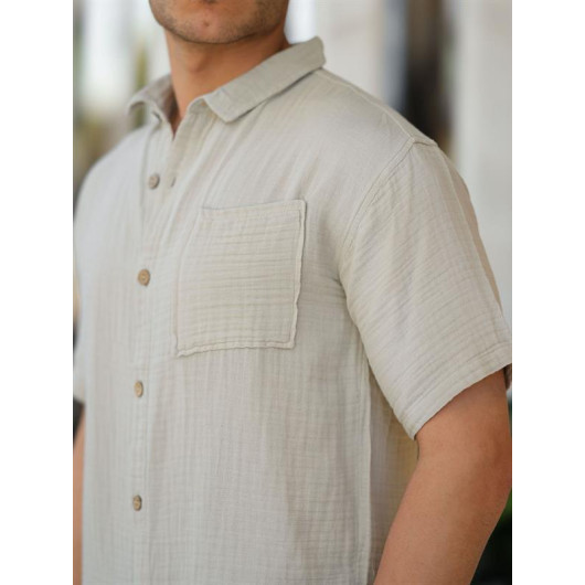 One Pocket Short Sleeve Muslin Fabric Shirt - Ecru