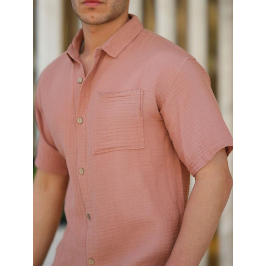 One Pocket Short Sleeve Muslin Fabric Shirt - Dried Rose