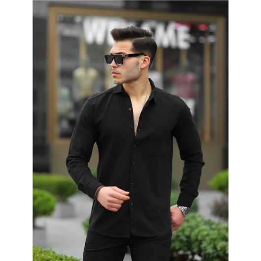 Single Pocket Sile Cloth Shirt - Black