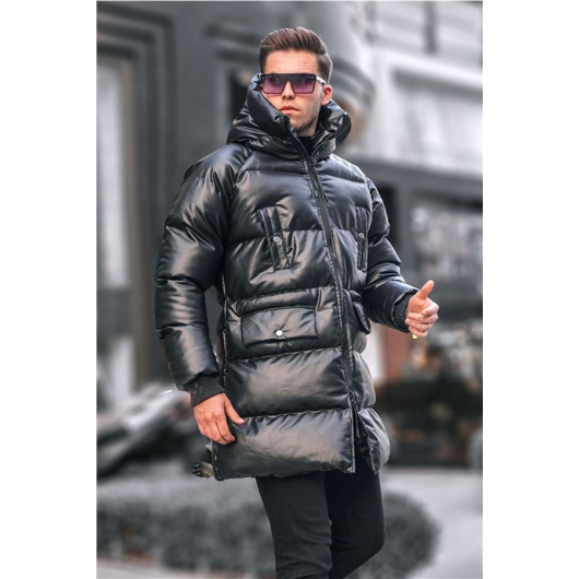 Long Stand Up Collar Leather Down Jacket - Black