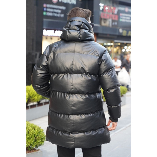 Long Stand Up Collar Leather Down Jacket - Black