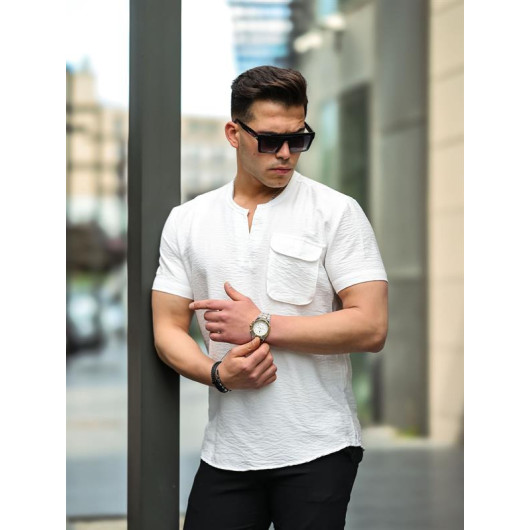 V Neck Pocket Detailed Fit Shirt - White