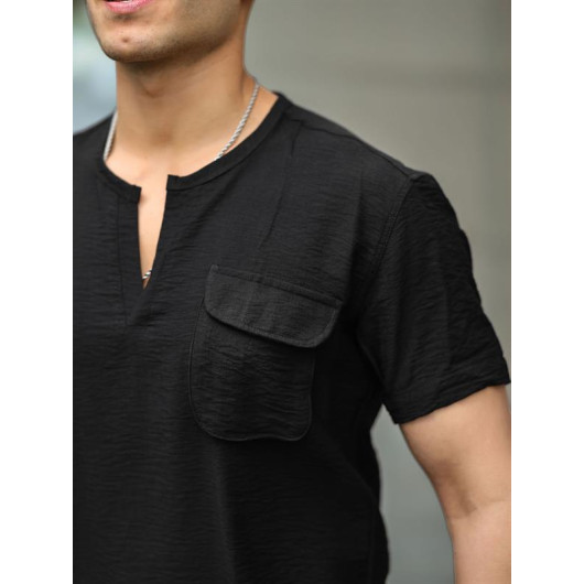 V Neck Pocket Detailed Fit Shirt - Black