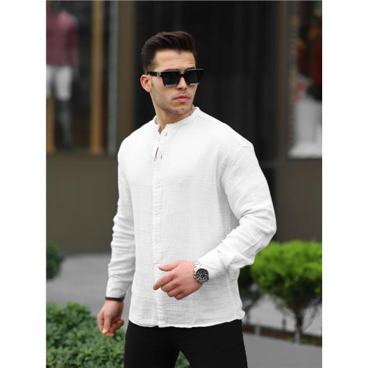 Half Pat Collar Oversized Muslin Fabric Shirt - White