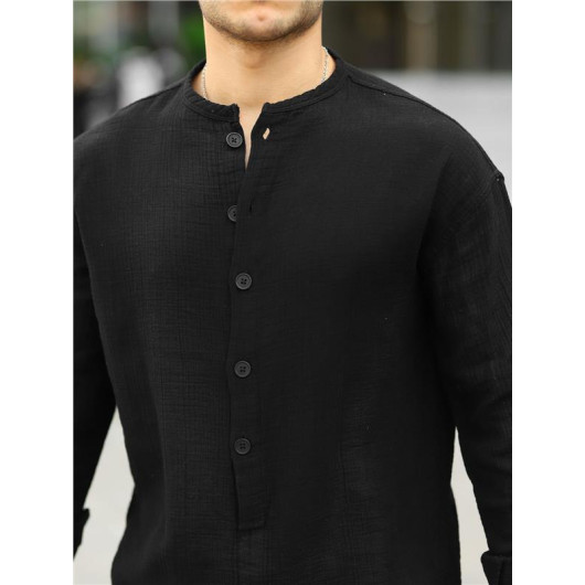 Half Pat Collar Oversized Muslin Fabric Shirt - Black
