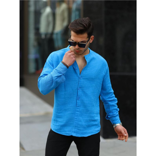 Half Pat Collar Oversized Muslin Fabric Shirt-Turquoise