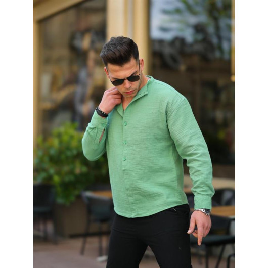 Half Pat Judge Collar Oversize Şile Cloth Shirt - Green