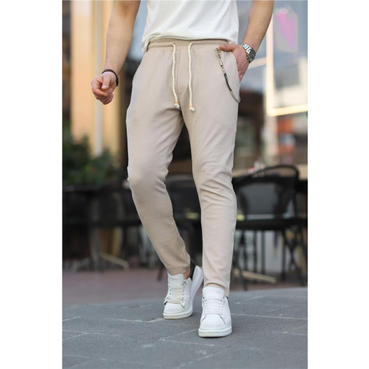 Chain Detailed Elastic Waist Knitted Patterned Trousers - Beige