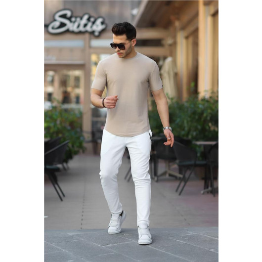 Chain Detailed Elastic Waist Knitted Patterned Trousers - White