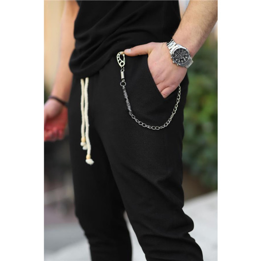 Chain Detailed Elastic Waist Knitted Pattern Trousers - Black