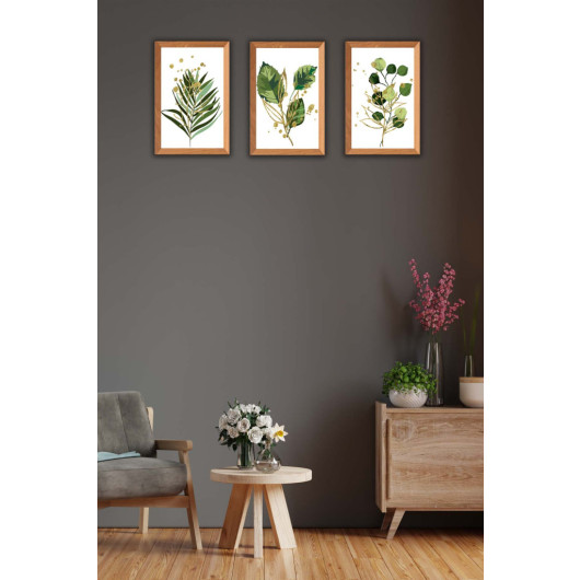 3 Piece Bohemian Style Leaf Wood Frame Look Painting Set