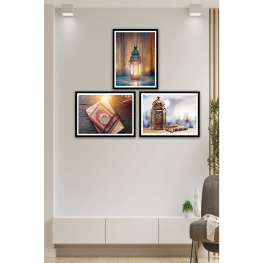 3 Piece Religious Themed Mdf Painting Set With Black Frame Look