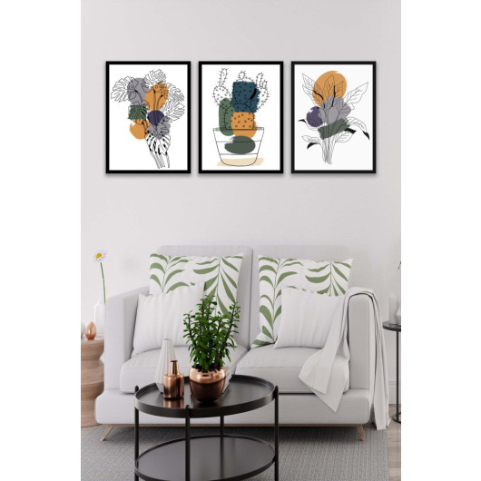3 Piece Cactus Line Art Patterned Artistic Uv Print Mdf Painting Set