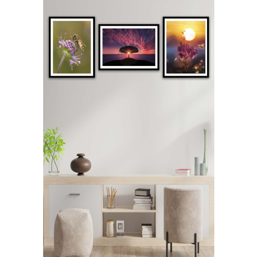 3 Piece Mdf Painting Set With Black Frame Look In Artistic Landscape Style