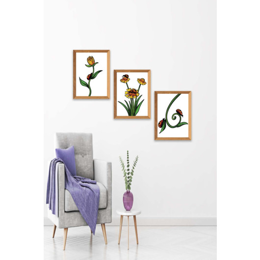 لوحات جدارية فنية برسم زهور وخنفساء 3 قطع