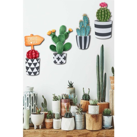 4 Piece Wall Decoration Wooden Cactus Wood Painting Set